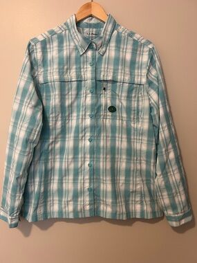 L.L. Bean Teal and White Plaid Lightweight Button-Front Shirt